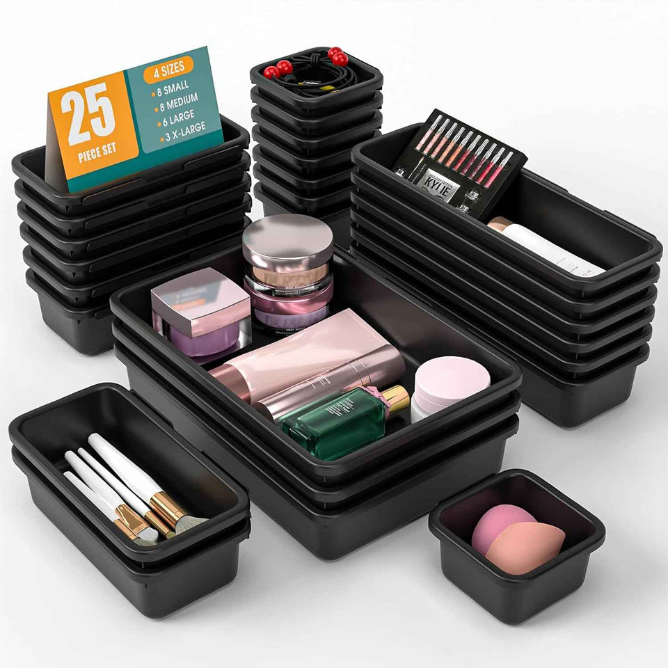 10 PCS Drawer Organizer Set, 4 Size Makeup Drawer Divider Organizer With Non-Slip Pads, Interlocking Plastic Storage Bins for Office,Jewelry Vanity,Gadgets, Bathroom,Kitchen, Black