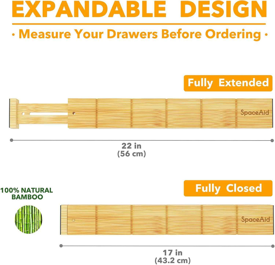 SpaceAid Bamboo Drawer Dividers with Inserts and Labels, Expandable Organization for Home, Office, Dressers, 4 Dividers