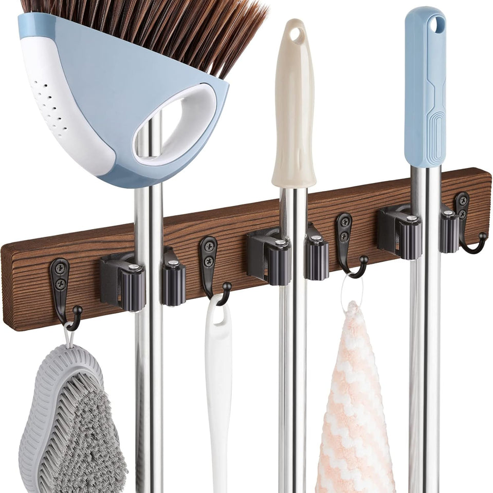 Mop and Broom Holder Wall Mount - Rustic Wood Broom Mop Hanger - Wall Mounted Garden Tool Rack Organizer for Closet Garage Laundry Room Kitchen Decor With 4 Slots & 4 Hooks - Rayz Mart