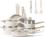 CAROTE 21Pcs Pots and Pans Set, Nonstick Cookware Sets, White Granite Induction Cookware Non Stick Cooking Set w/Frying Pans & Saucepans(PFOS, PFOA Free)