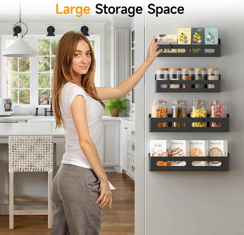 4 Pack Magnetic Spice Rack for Refrigerator, Spice Rack Organizer, Moveable Magnetic Shelf Fridge Organizer with 4 Hooks for Kitchen and Oven Organization, Black
