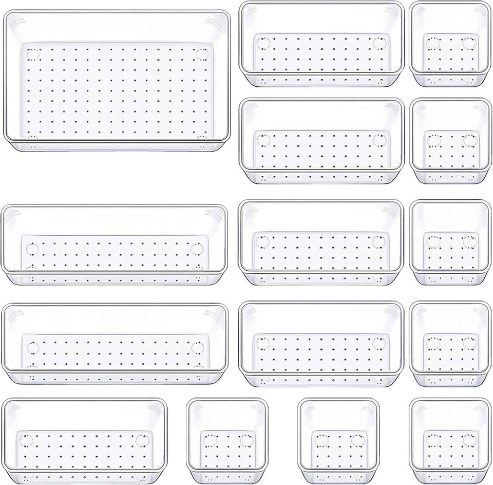 Drawer Organizer Set of 15, 4 Sizes Clear Plastic for Kitchen, Bathroom, Office, Dresser Desk Organizers