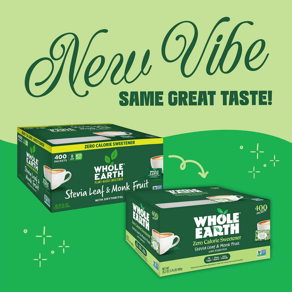 Whole Earth Stevia & Monk Fruit Sweetener packets, 400 count, zero-calorie sugar substitute for keto, paleo, and low-carb diets