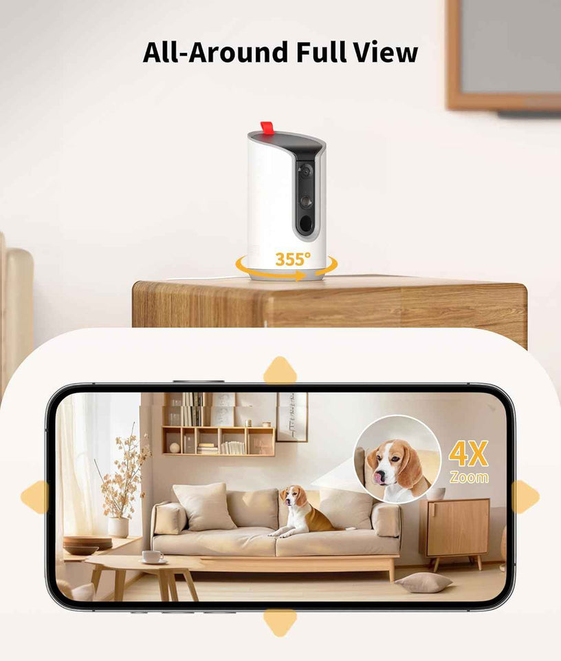 2K pet camera treat dispenser with 360° view, 5G&2.4G WiFi, 2-way talk, motion alerts, and auto tracking for cats and dogs