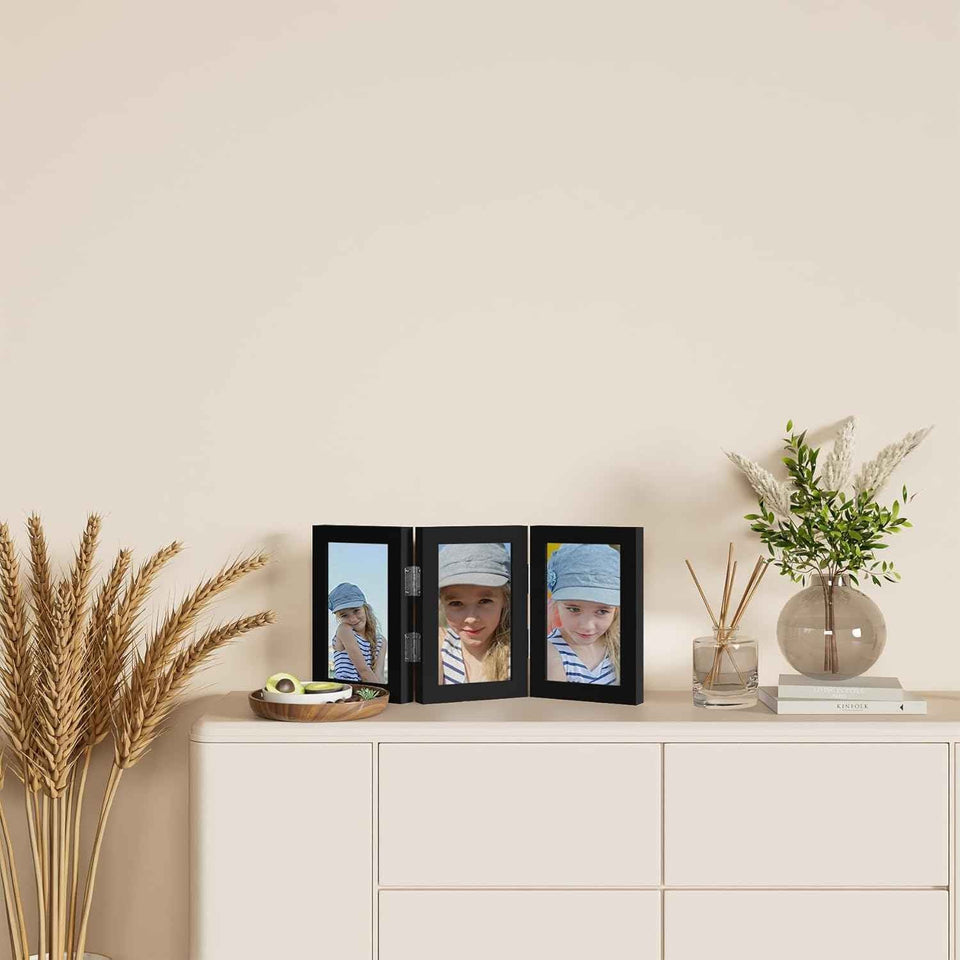 decorUhome Triple 4x6 Picture Frame Vertical, Engineered Wood Trifold Photo Frame with Plexiglass for Tabletop Display, 4x6, Black
