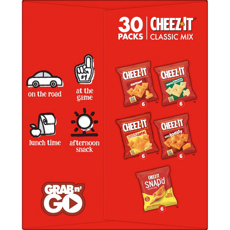 Cheez-It Original, Extra Toasty, Cheddar Jack, White Cheddar, and Cheez-It Snap'd Double Cheese Baked Snack Crackers Variety Pack, 28.74oz Box (30 Packs)