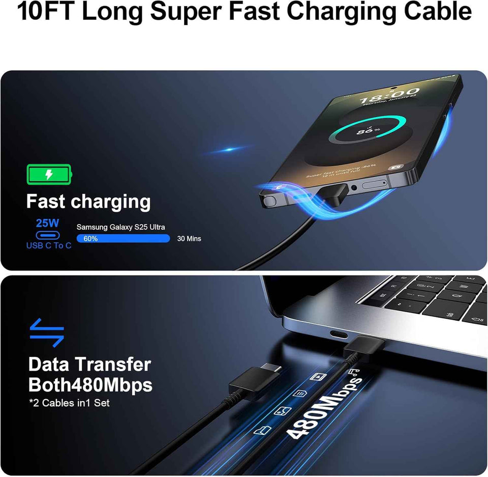 25w super fast charger type c compatible with samsung galaxy s series, 10ft long android type c cable 2pack