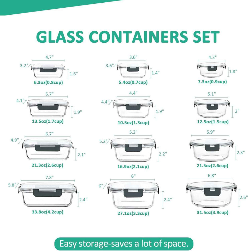 komuee 24-piece glass food storage containers set, meal prep containers, stackable airtight, microwave and oven safe