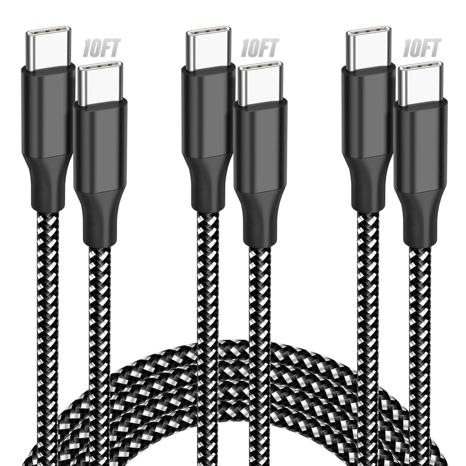 KYEHD 3-pack 10FT 60W fast charging USB-C cables for iPhone 17/16/15, iPad, MacBook, CarPlay and more, grey and white
