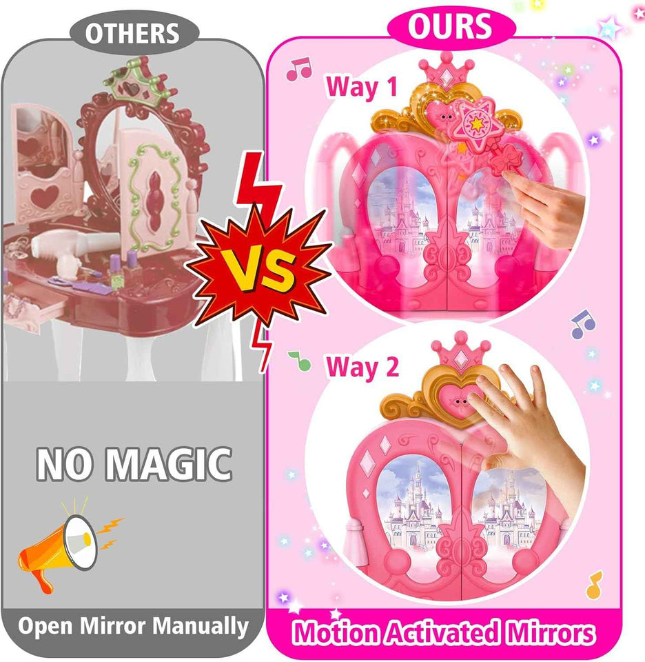 Light Pink Magic Makeup Table & Chair Set for 2-5 year old girls with Music and Mirror, Princess Dress Up Playset