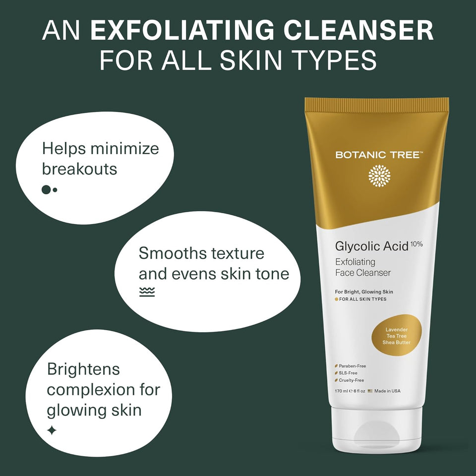 Botanic Tree Glycolic Acid Face Wash - Facial Cleanser and Scrub - 10% Glycolic Acid, AHA - Salicylic Cleanser - 6 fl. oz