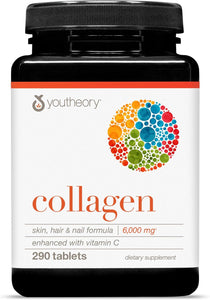 Youtheory Advanced Collagen - 6,000 mg Hydrolyzed Collagen Peptides - Includes Antioxidants & Contains Vitamin C - Hair Growth, Nails, Joint Health & Bone Support* - 290 Tablets (48-Day Supply)