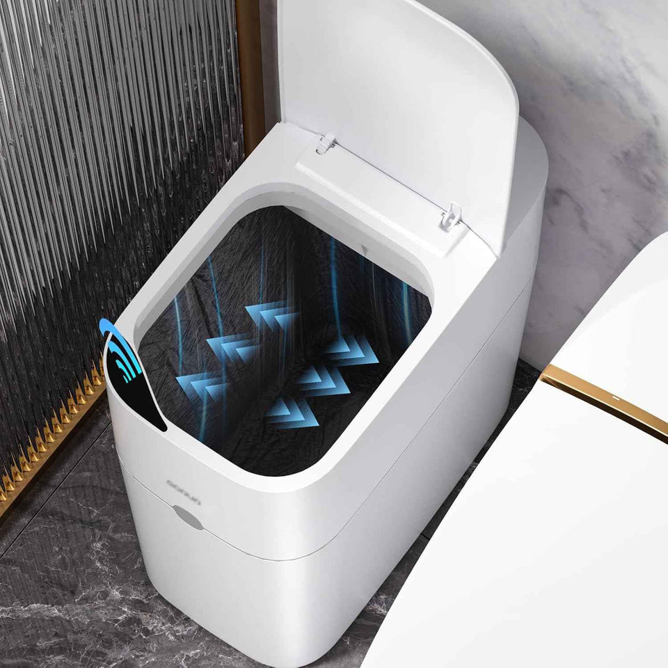 MOPUP Bathroom Trash Can, Automatic Bagging Garbage Can, 3.5 Gallon Slim Smart Small Plastic Trash Bin, Narrow Motion Sensor Trash Can for Bedroom, Office White