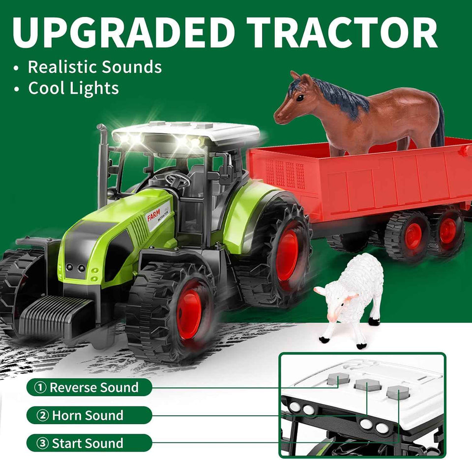 pupu pig kids farm animal toys set with tractor, horse stable, cowshed, chicken fence, lights & sound for boys toddlers ages 3+