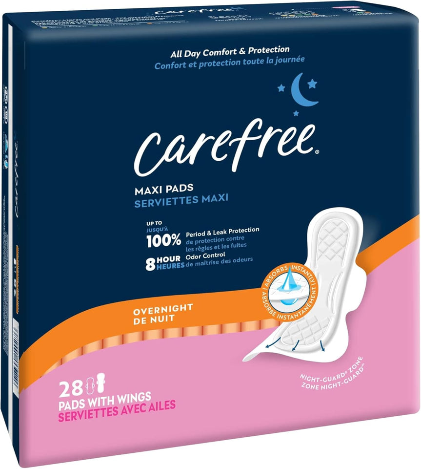 carefree maxi overnight pads with wings 28ct feminine care protection