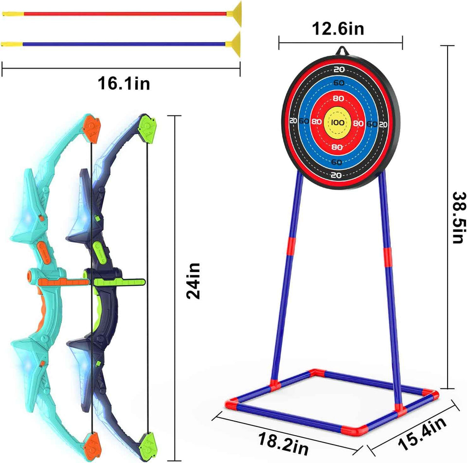 Kmuxilal kids LED bow and arrow set, 2 pack, 14 suction cup arrows, fluorescence target, ideal for indoor and outdoor play, 4-12 year old boys