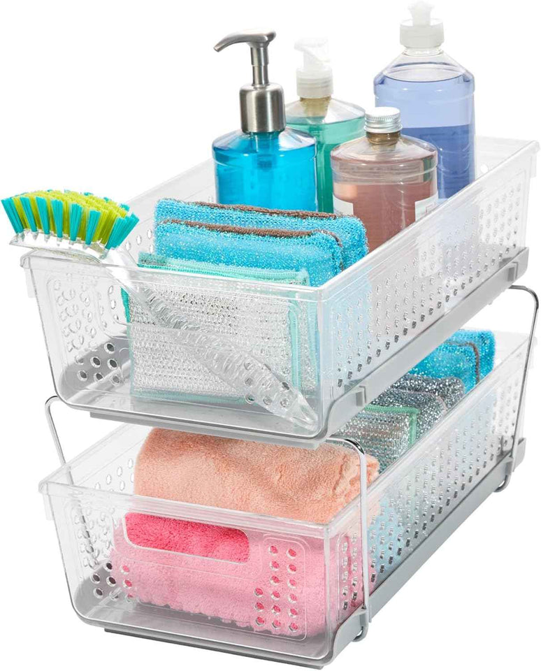 Madesmart 2-Tier Organizer for Kitchen Cabinets and Bathroom Sinks with Adjustable Dividers and Pull-Out Sliding Baskets