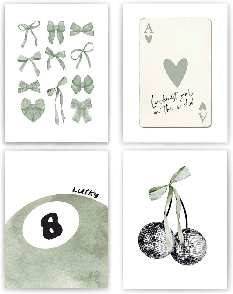 okaxscm Sage Green Coquette Trendy Preppy Wall Art Prints Set of 4, Coquette Preppy Room Decor Aesthetic, Green Bow Disco 8 Ball Cherry Wall Decor Posters for Girls Bedroom Dorm, 8x10 Unframed