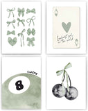 okaxscm Sage Green Coquette Trendy Preppy Wall Art Prints Set of 4, Coquette Preppy Room Decor Aesthetic, Green Bow Disco 8 Ball Cherry Wall Decor Posters for Girls Bedroom Dorm, 8x10 Unframed