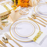 WELLIFE 700 Pieces Gold Plastic Dinnerware Set for 100 Guests - Includes Plates, Cups, Napkins, and Disposable Cutlery - Elegant White & Gold Design, Perfect for Parties and Events