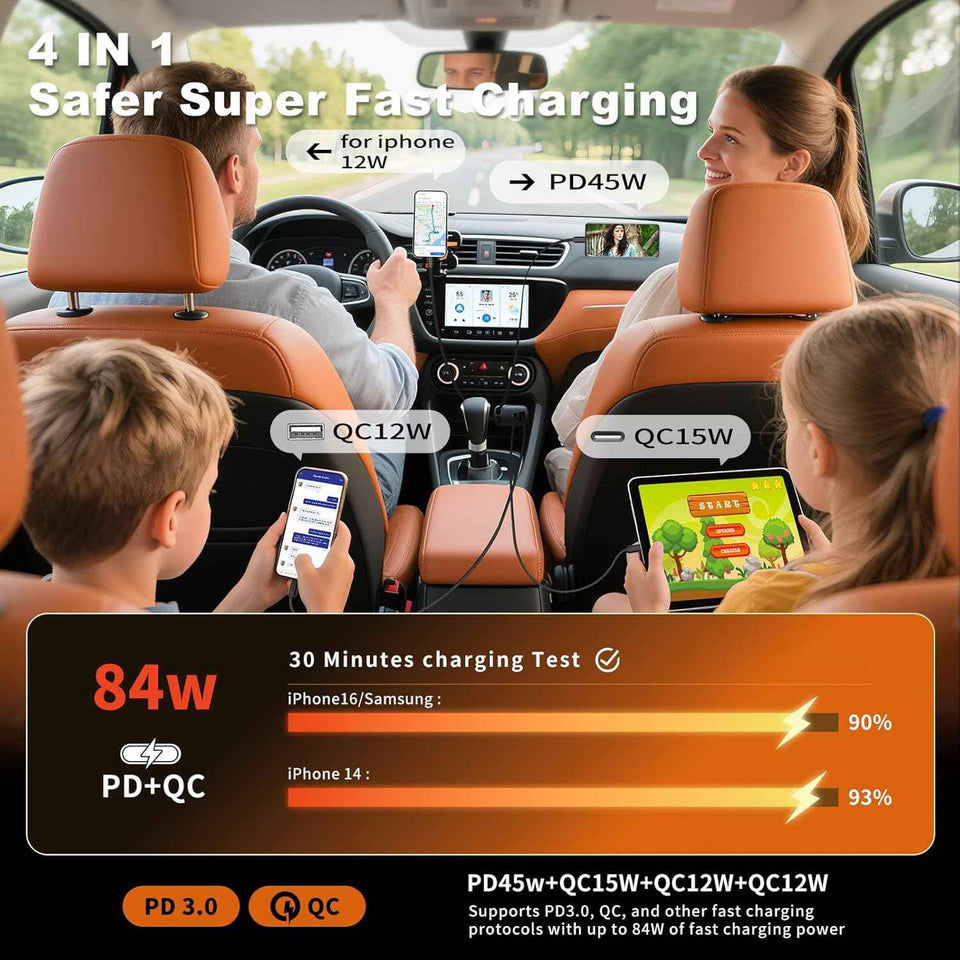 84W Car Charger USB C 4 in 1, Retractable Fast Charging Car Adapter for iPhone 17 16 15