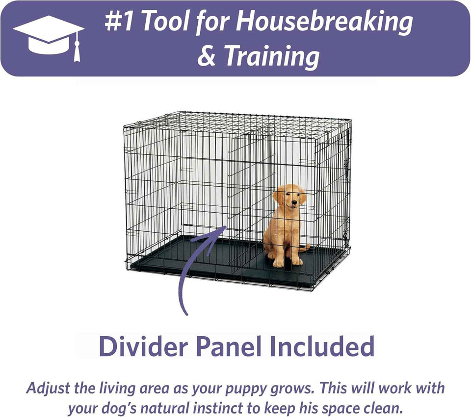 MidWest iCrate 36-inch metal wire dog crate with divider, leak-proof tray, and secure latches for medium large breeds