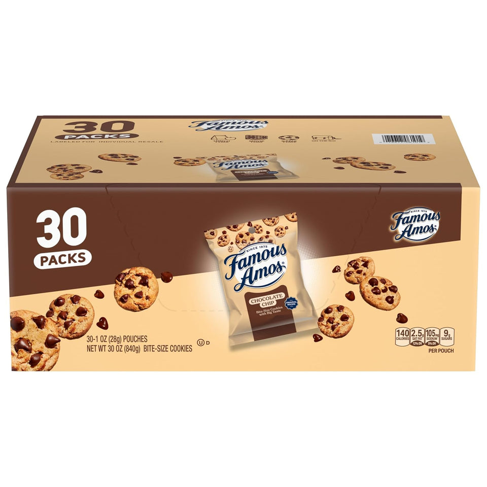 Famous Amos Original Recipe Chocolate Chip Bite-Size Cookies, 30 Pack Box, 30 oz