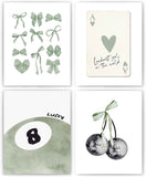 okaxscm Sage Green Coquette Trendy Preppy Wall Art Prints Set of 4, Coquette Preppy Room Decor Aesthetic, Green Bow Disco 8 Ball Cherry Wall Decor Posters for Girls Bedroom Dorm, 8x10 Unframed