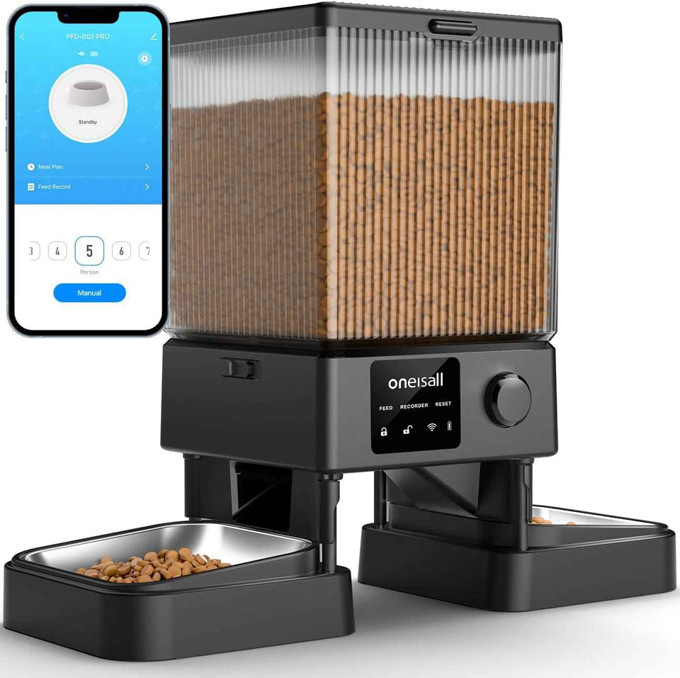 oneisall automatic cat feeder with 5g wifi, timed dry food dispenser for 2 small pets