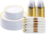 BESTVIP 700PCS Gold Plastic Dinnerware Set for 100 Guests, Disposable Plates for Party, Include: 200 Plastic Plates, 100 Pre Rolled Napkins with Gold Silverware, 100 Cups for Christmas, Halloween