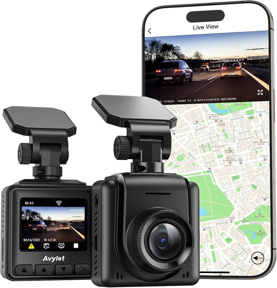Avylet 2K WiFi dash cam with APP, External GPS, 1.5" IPS screen, WDR night vision, 24H parking monitor, loop recording, and G-sensor for cars