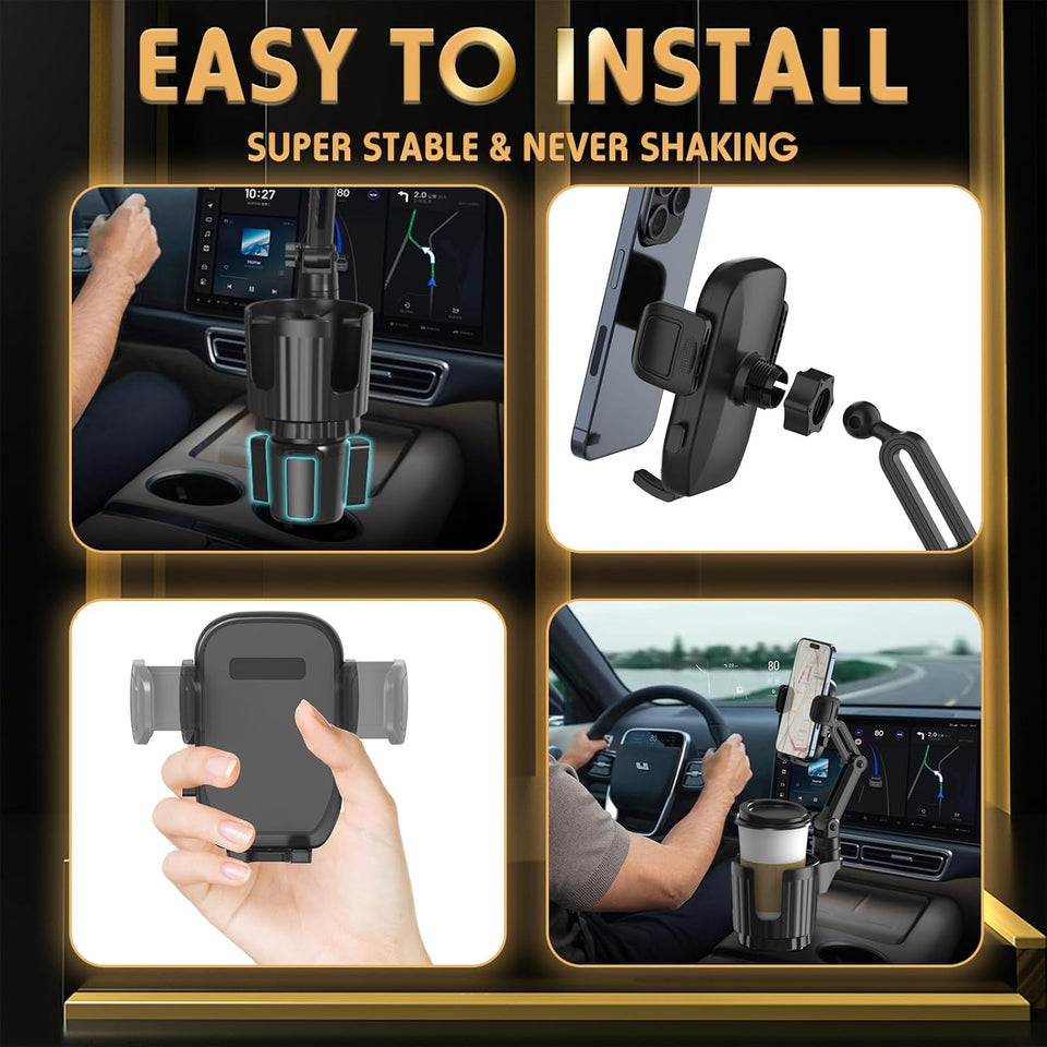 Phone Holders for Your Car, 2 in 1 Universal Cup Holder Expander Adjustable Base with Phone Mount, Long Arm with 360°Rotation Cup Holder Phones Mount for Car Compatible with All Smartphones - Rayz Mart