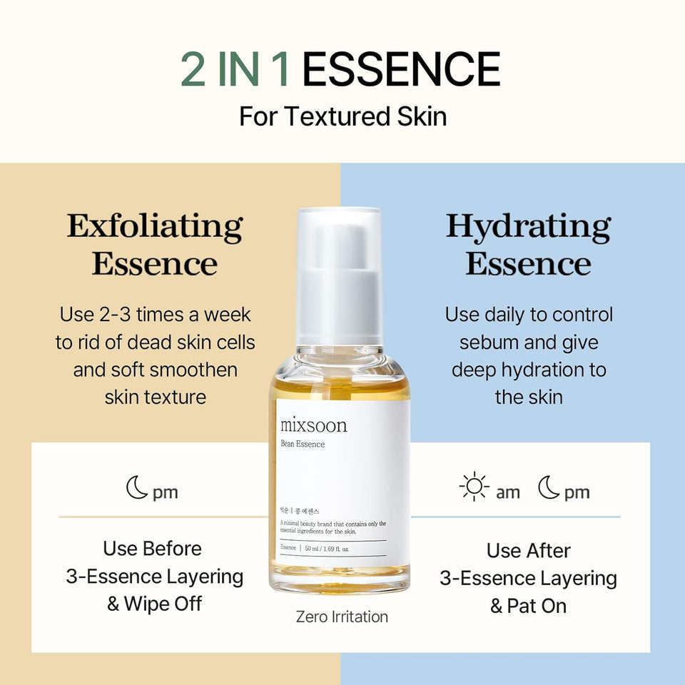 Mixsoon bean essence exfoliating hyaluronic acid serum for textured skin, vegan, no artificial fragrance