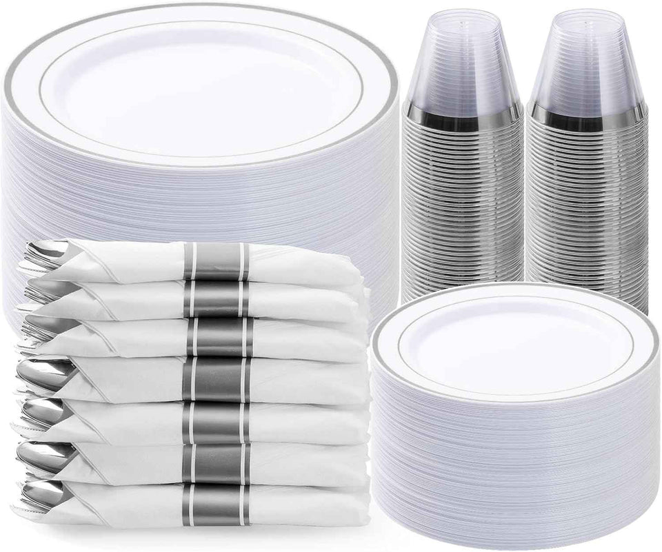 BESTVIP 700PCS Gold Plastic Dinnerware Set for 100 Guests, Disposable Plates for Party, Include: 200 Plastic Plates, 100 Pre Rolled Napkins with Gold Silverware, 100 Cups for Christmas, Halloween