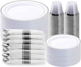 BESTVIP 700PCS Gold Plastic Dinnerware Set for 100 Guests, Disposable Plates for Party, Include: 200 Plastic Plates, 100 Pre Rolled Napkins with Gold Silverware, 100 Cups for Christmas, Halloween