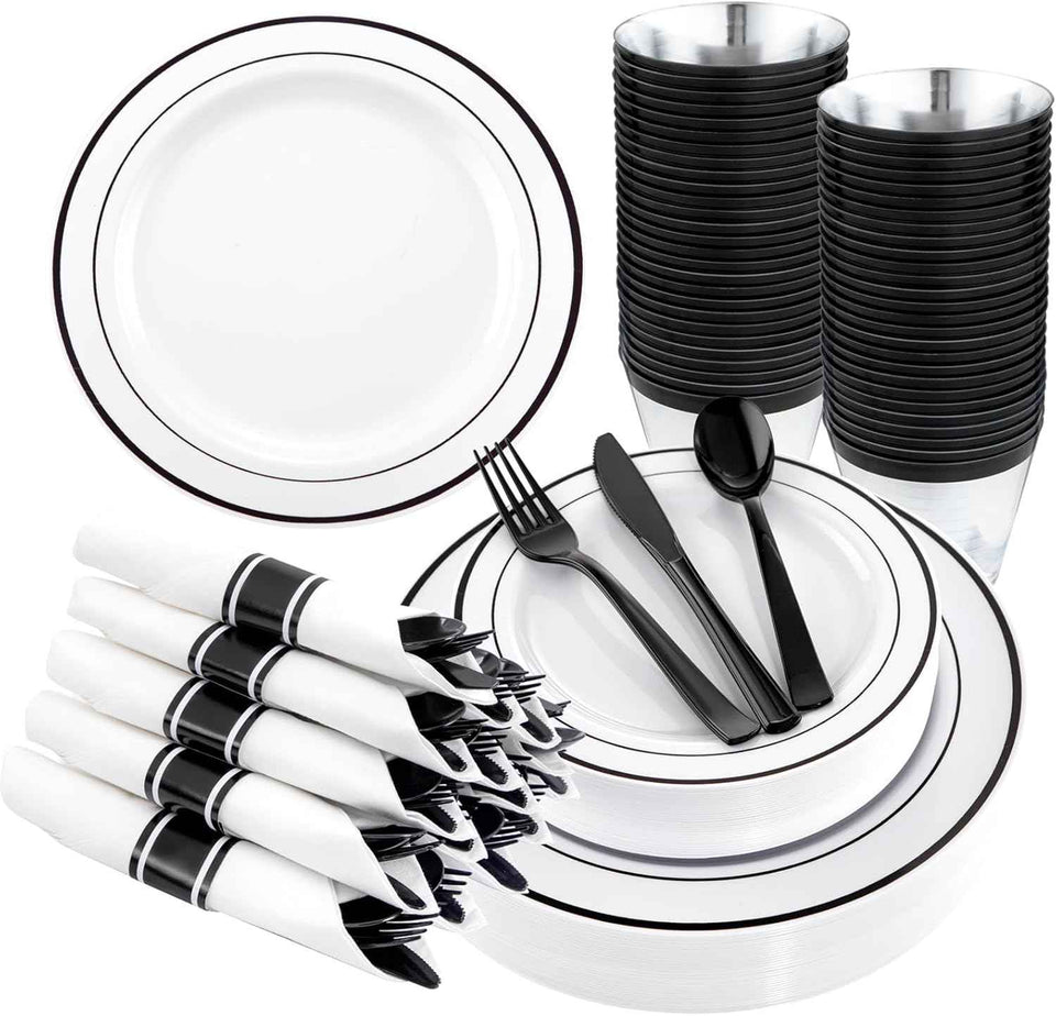 WELLIFE 700 Pieces Silver Plastic Dinnerware Set for 100 Guests - Includes Plates, Cups, Napkins, and Disposable Cutlery - Elegant White & Silver Design, Perfect for Parties and Events