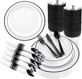 WELLIFE 700 Pieces Silver Plastic Dinnerware Set for 100 Guests - Includes Plates, Cups, Napkins, and Disposable Cutlery - Elegant White & Silver Design, Perfect for Parties and Events