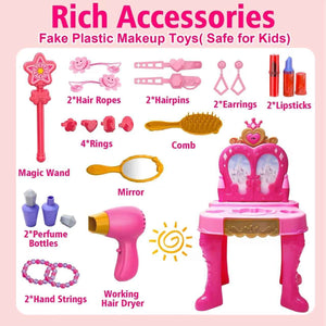 Light Pink Magic Makeup Table & Chair Set for 2-5 year old girls with Music and Mirror, Princess Dress Up Playset