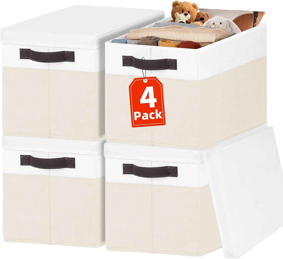 Large Closet Storage Baskets Bins with Lids 4 Pack, Storage Baskets for Organizing Shelves Nursery Bedroom, Home Dorm Closet Organizers Cubes for Clothes Toys Blanket Book - Stackable -14x10x9.5