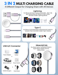 2Pack Multi Charging Cable Cord for Travel Vacation Essentials,Apple Watch Charger,iPhone 17 Charger,[3-in-2] USB A/Type C/Lightning Cable for iWatch,iPhone 17-11,Xbox Series X&S,Airpods,Home,Office