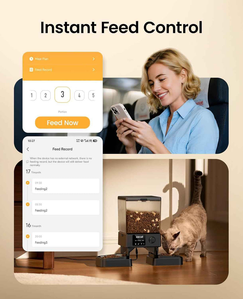 oneisall Automatic Cat Feeder with 5G WiFi, Automatic Cat Food Dispenser for 2 Cats Small Pets, 20 Cups/5L Timed Dry Food Dispenser with APP Control