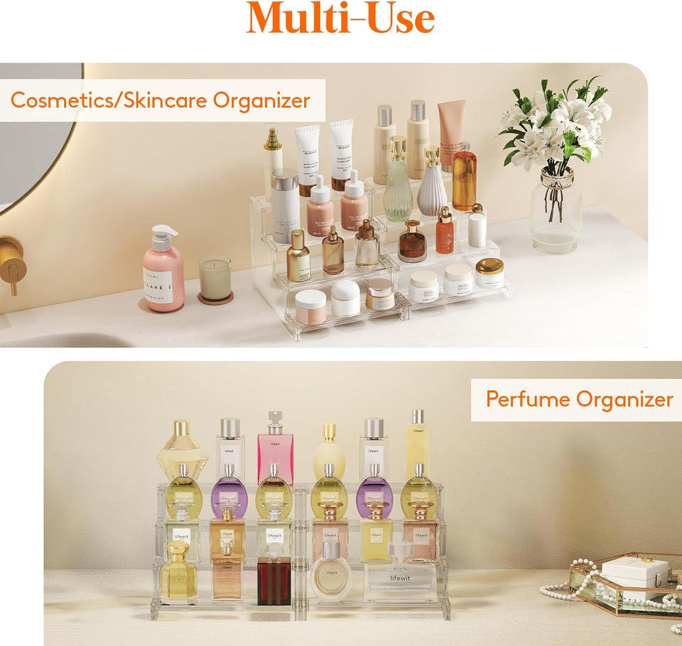 Lifewit 4 Tier Perfume Stand Organizer for Women, Plastic Display Riser, Tool-Free Assembly, Fragrance Makeup Cosmetics Shelf for Vanity Bedroom Bathroom Storage Organization, Clear, 9 Inch, 1 Pcs
