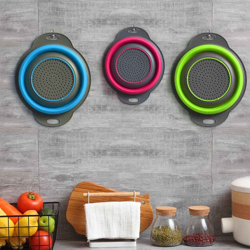 Qimh Collapsible Colander Set, 3-Piece Round Silicone Kitchen Strainer, 4-Quart & 2-Quart