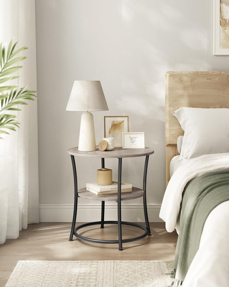 VASAGLE Side Table, 2-Tier Round End Table, Nightstand with Steel Frame for Small Spaces, Living Room, Bedroom, Heather Greige and Ink Black