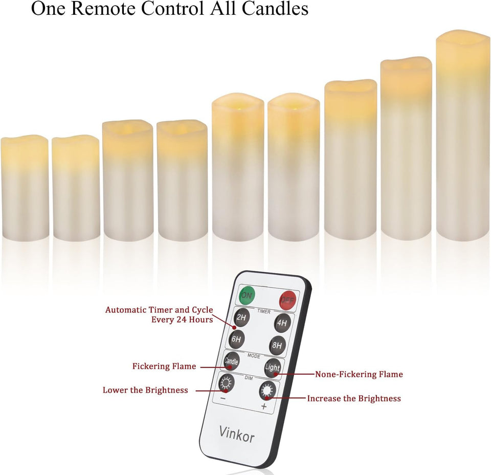 Vinkor Flameless Candles Battery Operated Candles Real Wax Pillar LED Candles with 10-Key Remote and Cycling 24 Hours Timer (Ivory 4" 5" 6" 7" 8" 9")