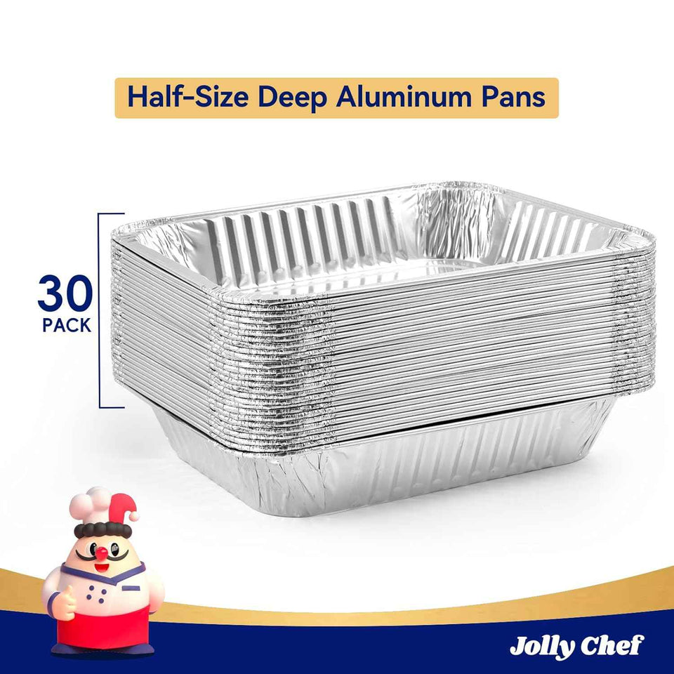 JOLLY CHEF 9x13 disposable aluminum foil pans for roasting, 30 pack, half size deep steam pans