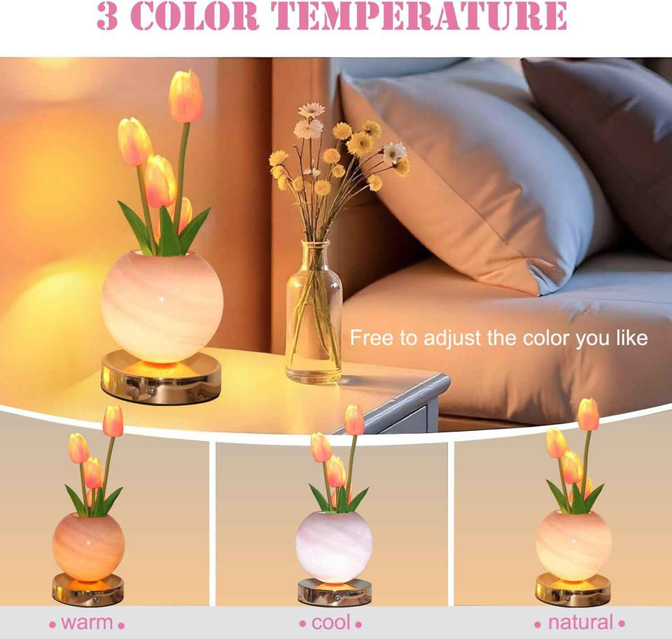 Rechargeable Cordless Touch Tulip Flower Table Lamp, 3-Color Infinitely Dimming Night Light with LED Artificial Tulips Decor (Pink)