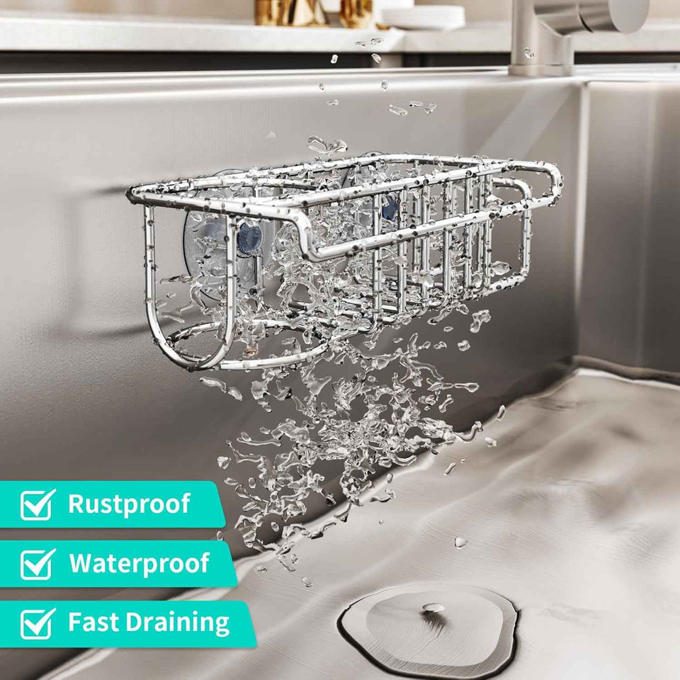 HapiRm 4 in 1 Sink Caddy Sponge Holder, SUS304 Stainless Steel Kitchen Brush Holder + Dish Cloth Hanger + Soap Rack + Sink Stopper Rack + Sponge Caddy for Kitchen - Silver