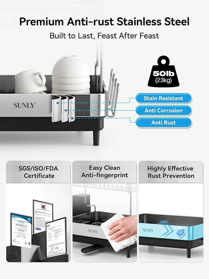 SUNLY 2 Tier Extra Large Dish Drying Rack, Expandable for Kitchen Counter, Multifunctional, Black