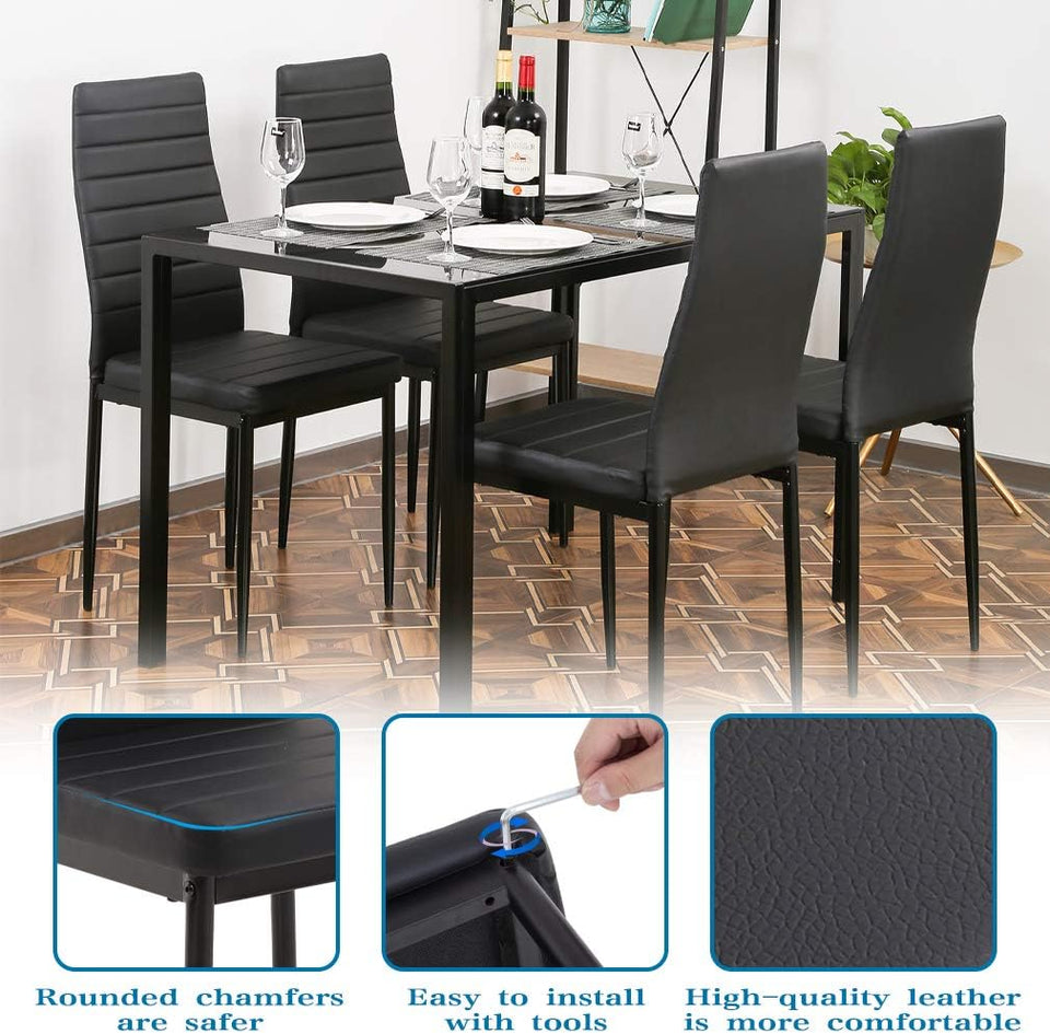 FDW | 5-Piece Dining Table Set | Black | Glass Kitchen Table with 4 Upholstered Chairs and Faux Leather Cushions | Space-Saving and Modern Design | for Dining Room, Easy to Assemble